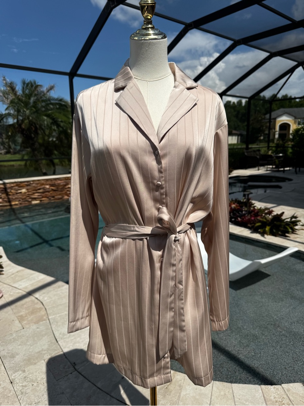 Silky Nude Satin Dress with Tie Belt